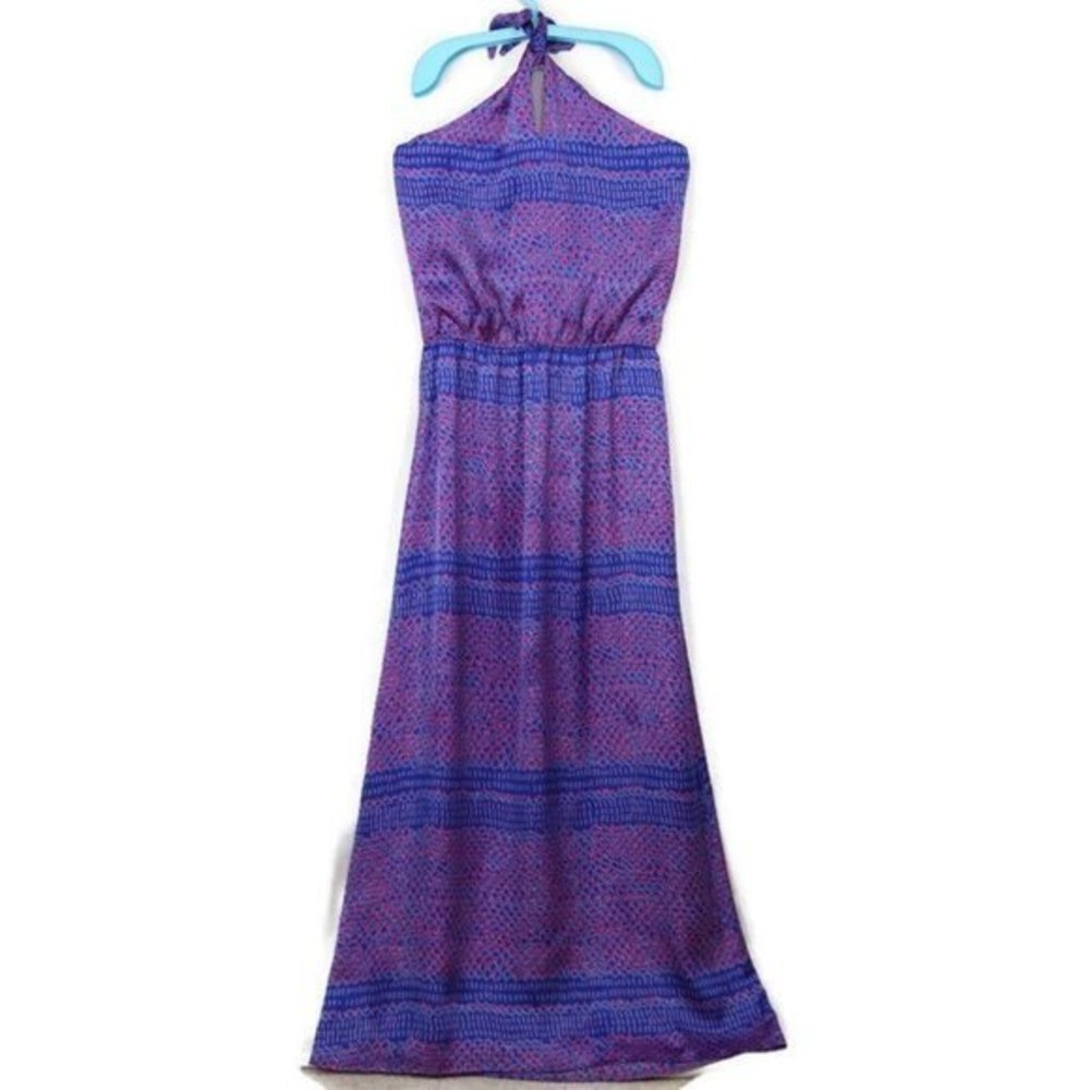 Karen Zambos Gemma Halter Long Maxi Dress Blue Pink Satin M Medium